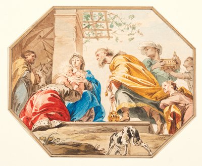 Adoración de los Reyes Magos, c.1751 (grafito, pluma y tinta marrón, acuarela sobre papel verjurado, cortado en octógono, con bordes de tinta marrón y aguada) de Jacob de Wit