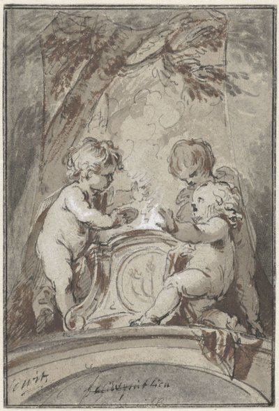 Alegoría con tres amorcillos en un altar de Jacob de Wit