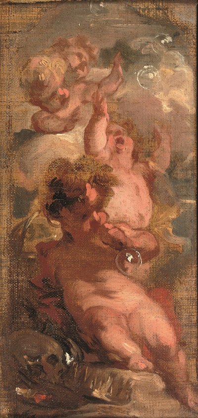 Una alegoría de Vanitas: cuatro putti que hacen burbujas, una calavera, una paleta de artista y una corona cercana (óleo sobre lienzo colocado en un panel) de Jacob de Wit