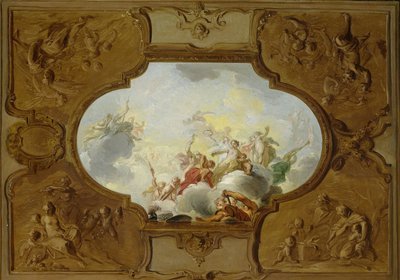 Diseño para una pintura en el techo con la Apoteosis de Eneas, en las esquinas las Cuatro Estaciones de Jacob de Wit