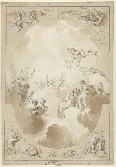 Diseño de un mural en el techo que representa la apoteosis de Hércules y cuatro de sus obras de Jacob de Wit