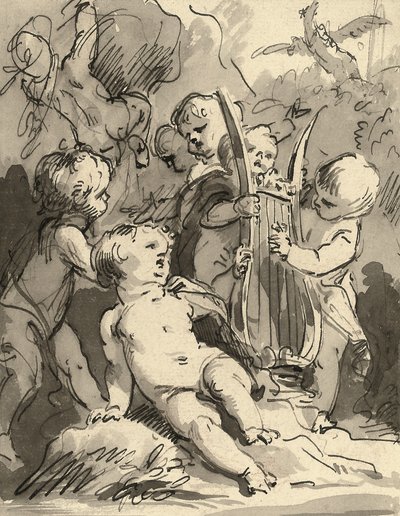 Putti tocando una lira (tiza roja, pluma y tinta negra y aguada gris) de Jacob de Wit
