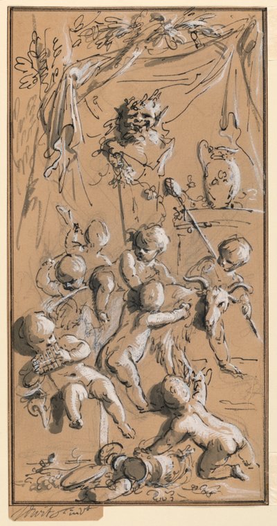 Putti jugando frente a un ermitaño de Jacob de Wit