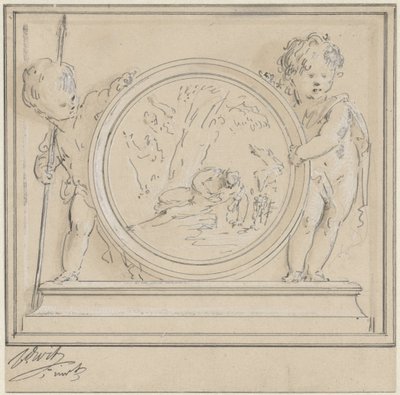 Dos amorcillos con medallón, en los que Narciso y Eco de Jacob de Wit