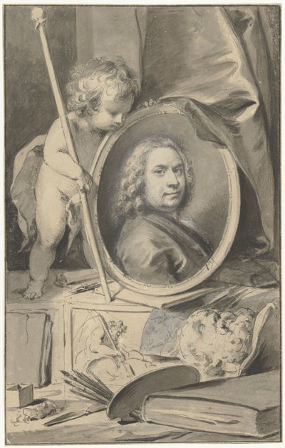 Autorretrato en medallón rodeado de atributos de pintor de Jacob de Wit