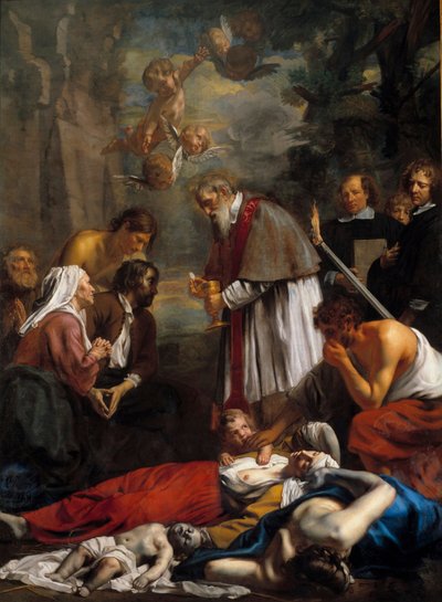 San Macario de Gante rescatando a los pestiños San Macario es un monje armenio del siglo XI. Pintura de Jacob II van Oost (1637-1713) 1673 Sol. 3,5x2,57 m de Jacob the Younger Van Oost