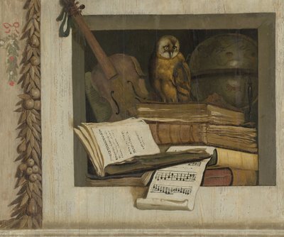Bodegón con libros, partituras, violín, globo celeste y un búho de Jacob van Campen