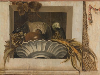 Bodegón con un cuenco de maíz, alcachofas, uvas y un loro de Jacob van Campen