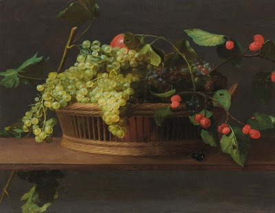 Una cesta de uvas y frambuesas en una repisa de Jacob Van Es