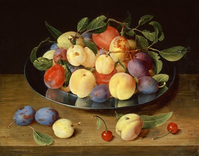 Ciruelas y duraznos en un plato de peltre de Jacob van Hulsdonck