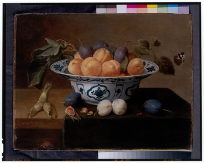 Bodegón de albaricoques y ciruelas en un plato Wan Li, con escarabajos y una mariposa en un seto de Jacob van Hulsdonck