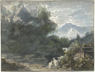 Bañistas en un antiguo monumento en un paisaje montañoso de Jacob van Liender