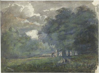 Pastores con rebaño en un paisaje boscoso de Jacob van Liender
