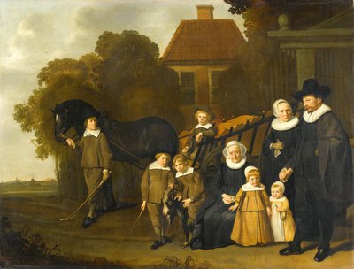 Retrato de grupo de la familia Meebeeck Cruywagen en la puerta de su casa de campo en Uitweg, cerca de Ámsterdam de Jacob van Loo (attributed to)
