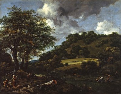 Un paisaje de colinas con altos robles de Jacob van Ruisdael