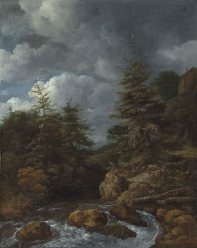 Paisaje fluvial con abetos junto a una cascada de Jacob van Ruisdael