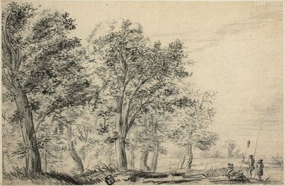 Paisaje fluvial boscoso con tres personas pescando de Jacob van Ruisdael