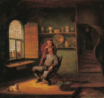 Una cirugía, con campesinos observando a un doctor remover una piedra de la cabeza de su paciente de Jacob van Spreeuwen