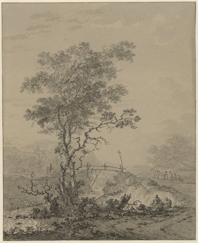 Paisaje montañoso con un árbol cerca de un río, un puente y algunas figuras de Jacob van Strij