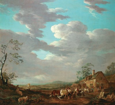 Holandés: Paisaje con figuras y ganado cerca de una posada de Jacob van Strij