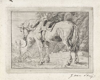 Caballo ensillado atado a un poste de Jacob van Strij