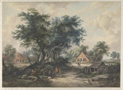 Según Hobbema. Casas de campo junto a árboles altos de Jacob van Strij