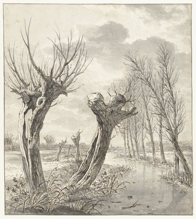 Paisaje invernal con sauces desmochados a lo largo de una zanja congelada de Jacob van Strij
