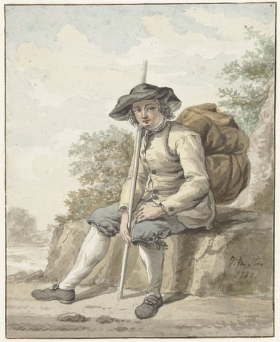 Hombre sentado con una mochila y un bastón de Jacob van Strij