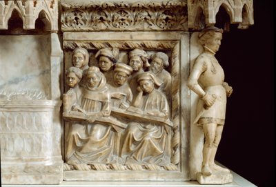 Monumento funerario de Carlo, Roberto y Riccardo da Saliceto: estudiantes asistiendo a un curso (escultura, c.1403) de Jacobello and Pier Paolo dalle Masegne