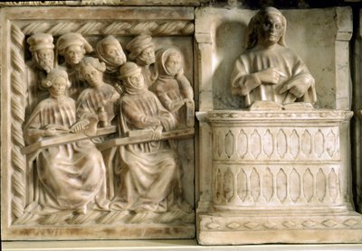 Monumento funerario de Carlo, Roberto y Riccardo da Saliceto: estudiantes asistiendo a un curso de Jacobello and Pier Paolo dalle Masegne