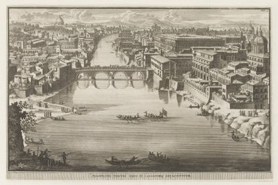 Vista de Roma con el Ponte Sisto sobre el río Tíber Prospectus Pontis Sixti IV locorumq adjadentium (título sobre el objeto) Vistas de Roma (título de la serie) La Galerie agreable du mond (...) dividida en LXVI tomes...Cette partie comprend le Rome modern de Jacobus Baptist
