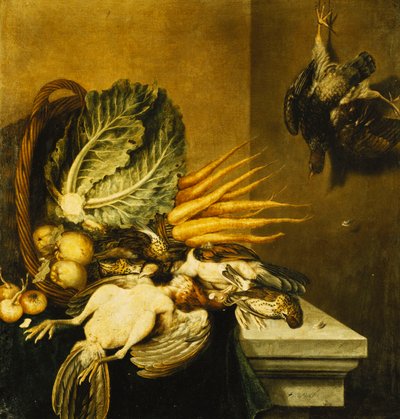 Una cesta volcada de aves, nabos, manzanas, cebollas y una col en un borde cubierto con un paño verde de Jacobus Biltius