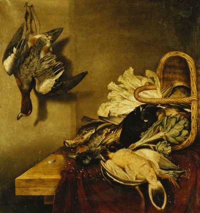 Una cesta volcada de aves, una liebre, una alcachofa y lechuga en un borde cubierto con un paño rojo de Jacobus Biltius