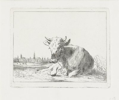 Vaca reclinada, al fondo una ciudad de Jacobus Cornelis Gaal