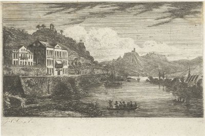 Paisaje fluvial con un hotel en el muelle. de Jacobus Cornelis Gaal