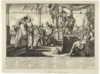 Caricatura de la profesión legal que se beneficia de las peleas entre hombres, 1687 Interest des