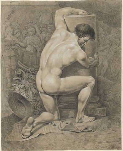 Desnudo masculino arrodillado, brazos alrededor de una columna a la derecha de Jacobus Johannes Lauwers