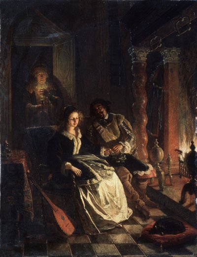 ""Le Rendez vous"" (Rendezvous) Escena de seducción, una joven cortejada por un caballero que le declara su amor junto a la chimenea. Pintura de Jacob Joseph Eckhout (1793-1861) 1852 Museo Estatal de Arte de la República Bielorrusa, Minsk, Bielorrusia de Jacobus Josephus Eeckhout