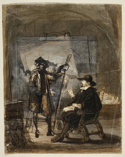 Dr. Nicholas Tulp en el estudio de Rembrandt (anverso); Escena de la vida de Rembrandt () (reverso) de Jacobus Ludovicus Cornet