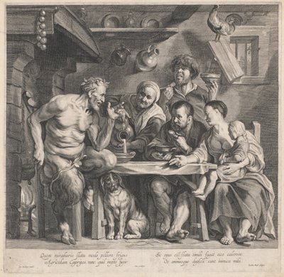 Un sátiro visitando a una familia campesina de Jacobus Neeffs, after Jacob Jordaens