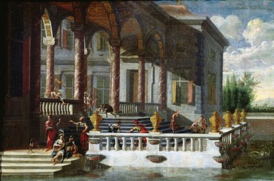 Palacio italiano con galería y terraza (pintura) de Jacobus Saeys