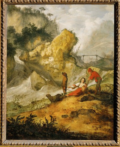 Paisaje rocoso con cascada y pastores (pintura sobre madera de roble) de Jacobus Sibrandi Mancadan