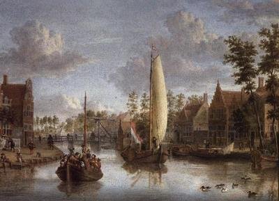Un canal con barcazas de Jacobus Storck
