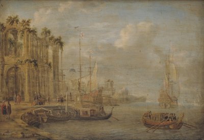 Escena de puerto con ruinas antiguas de Jacobus Storck