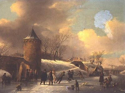Patinadores en una vía fluvial congelada junto a una torre de Jacobus van der Stok