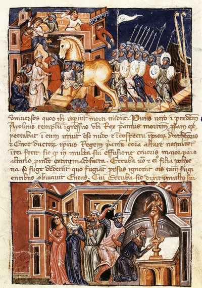 Asalto a la ciudad de Troya, miniatura de la "Historia destructionis Troiae" de Guido delle Colone (c. 1210- c. 1287) de Jacome Cromberger