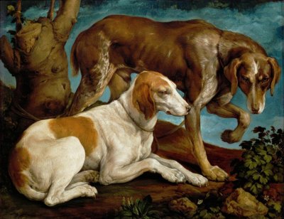 Dos perros de caza, atados a un tocón de Jacopo Bassano