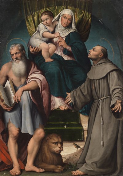 Santa Ana y el niño Cristo entronizados entre los santos Jerónimo y Francisco, 1541 de Jacopo Bassano il vecchio