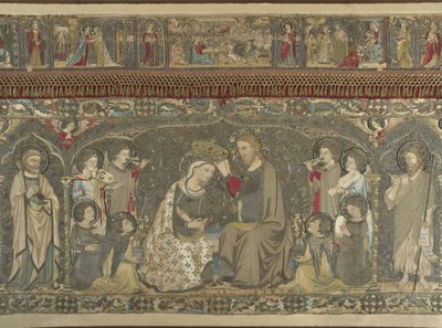 La coronación de la Virgen entre ocho ángeles y catorce santos bordado eclesiástico de Jacopo Cambi