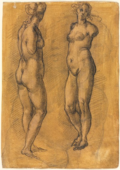 Copia de una estatua antigua de una mujer de pie dos vistas, sobre un boceto de un putto, 1570s de Jacopo Chimenti